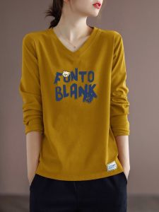 Womens Loose Fit Cotton Long Sleeve T-Shirt Printed Heart Neck Design Ageless Casual Wear Comfortable Breathable Autumn Top