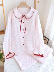 Spring Summer Pure Cotton Long Sleeve Sleepwear Set for Women Loose Fit Home Clothes Comfortable Breathable Cat And Dot Print