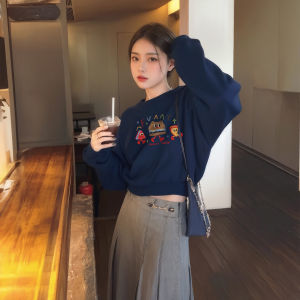 Black Short Thickened Fleece Womens Sweatshirt Autumn Winter High Waist Slim Fit Hoodless Top Korean Style round Neck Long Sleeve