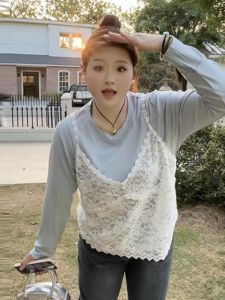 Áo Thun Nữ Tay Dài Thường Ngày Thời Trang Mùa Xuân Cỡ Lớn Áo Thun Lót Ren Che Phủ Thịt Áo Thun Hai Mảnh Áo Thun Cổ Tròn