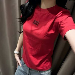 Áo Thun Nữ Tay Ngắn Thêu Chữ Thời Trang Mùa Hè Ôm Vừa Vặn Cổ Tròn Phong Cách Sinh Viên Áo Thun Nữ Chất Liệu Khác