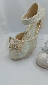 9161 รองเท้าคัทชูส้นสูง เด็กหญิง ประดับโบว์เพชร 26-36 สวยงาม 2 สี ขาว ทอง