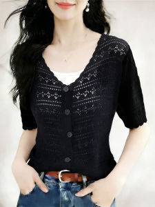UV Protection Ice Silk Short Sleeve Cardigan Black Thin Style