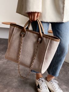 Trendy Canvas Shoulder Bag for Women Large Capacity Commuter Mom Bag Chain Strap Soft European Style Fashionable Tote Bag