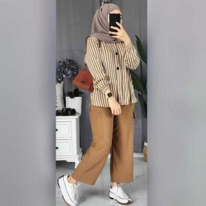 SETELAN RAMOSA KATUN PREMIUM WANITA REMAJA DEWASA SETELAN WANITA KEMEJA KATUN PREMIUM MOTIF SALUR CELANA CARGO TERBARU KEKINIAN 2025 VIRAL