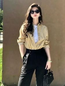 YUFUQING | Yellow Striped Long Sleeve Shirt Womens Loose Fit Vintage Style Early Autumn New Arrival Slimming Versatile Top