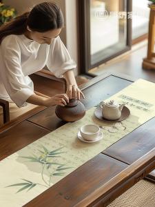 Trendy Chinese Calligraphy Dining Tablecloth Waterproof Hanging Painting Table Flag Tea Cloth Long Rectangle Zen Style Dining Table Decoration