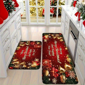 VIKAMA 1/2pcs Christmas Atmosphere Floor Mat Non-slip Stain-resistant Bathroom Mat Kitchen Rug for Holiday Home Decor