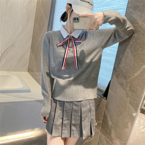 Young Looking Fake Two-Piece Wool Sweater Top with Ribbon Bow Tie Home Girl TB Anti-Stain Winter Long Sleeve Polo Neck Sweater