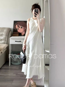 French Rouje Damas Gentle White Sleeveless Vest Dress Women Summer Waist Cinch Slimming Long Skirt A-Line Casual round Neck