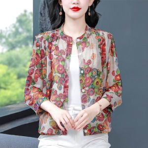 MAIMEI | Elegant Lightweight Summer Shirt For Women Mid-Aged Fashionable Sun Protection Slimming Short Coat Straight Cut Polyester Blend