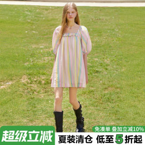 Váy Chữ a Tay Bồng Cổ Vuông Sọc Màu Tương Phản Mùa Hè Cho Nữ Váy Midi Thường Ngày Bằng Polyester 100%