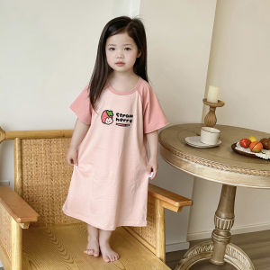 MiiOW | Pure Cotton Mid-Length Dress Summer Sleepwear For Girls Cute Cartoon Print Home Wear Outdoor Wearable Childrens Nightgown