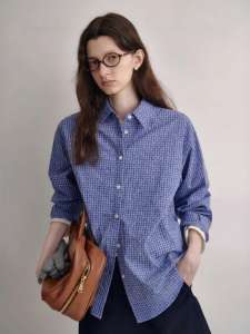 fano studios | Áo Sơ Mi Nữ Casual Họa Tiết Carô Xanh Vintage