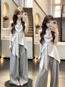XUECAIQI | Elegant Style Korean Sleeveless Tank Top and Stripe Wide Leg Pants Two-piece Set