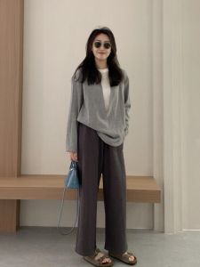VKSOD | Long Sleeve U-Neck Design T-Shirt and High Waist Loose Casual Pants Set