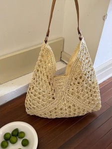 Large Capacity Woven Tote Bag Womens New Summer Casual Beach Vacation Beach Bag Underarm Womens Bag Soft Polyester Lining