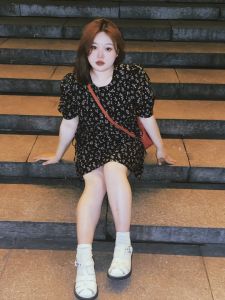 Plus Size Plus Size Ladies French Floral Dress Summer New Arrival Retro Waist Black Dress Slim Fit Slimming A- line Skirt