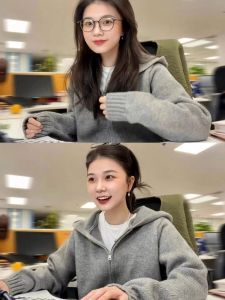 เสื้อสเวตเตอร์ถักมีฮู้ดสีเทา ซิปสองทาง สำหรับผู้หญิง ฤดูใบไม้ร่วง/ฤดูหนาว สไตล์เกาหลี หลวมๆ คาร์ดิแกนถักแบบเปิด