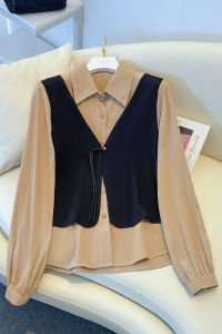 Brand Discount Womens Autumn Clothing Polo Collar Fake Two-Piece Long Sleeves Shirt Chubby Girl Slim Looking All-Matching Shirt K-style Tops Women