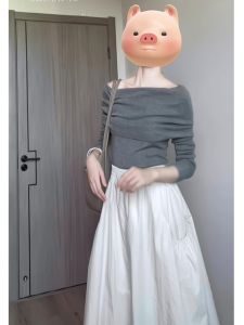 ไหล่เดียวสีเทาฝรั่งเศส แขนกุด ผู้หญิง เสื้อสเวตเตอร์ ฤดูใบไม้ร่วง ฤดูหนาว เสื้อเชิ้ตถักแขนยาว สลิมฟิต เสื้อชั้นใน