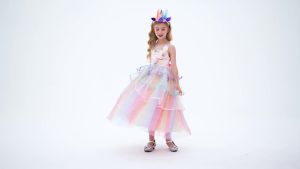 ali9 Summer New Princess Gown Dress Girls Dress Unicorn Mesh Bubble Skirt unicorn Rainbow Princess
