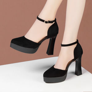 รองเท้าส้นสูงแบบสวมสำหรับผู้หญิง ทรงหัวมน ด้านหน้าเปิด วัสดุหนังแท้ ทรงหัวมน ส้นสูงสำหรับเดินแบบ ทรงหัวมน