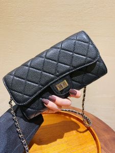 Top Layer Cowhide Leather Small Square Bag Chain Pattern Fish Roe Diamond Grid Wealth Bringing Bag Single Shoulder Slant Cross Bag