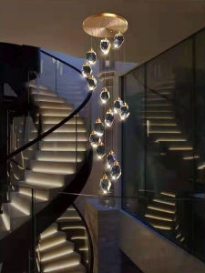 Luxurious Crystal Chandelier Long Pendant Light Full Copper Nordic Creative Villa Stairwell High Ceiling Living Room Lamp