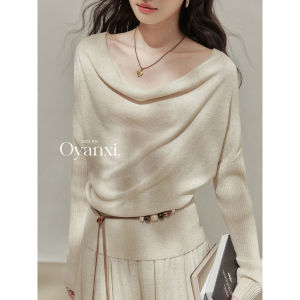 OUYANGXI | Bộ Áo Len Cổ Tròn Tay Dài Và Chân Váy Cạp Cao