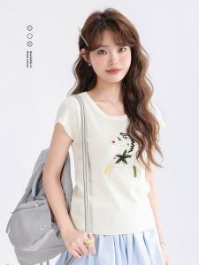 XinmonLee French Style Knitted Short Sleeve T-Shirt Light Color Series Youthful Summer Korean Short Top Beautiful And Ageless