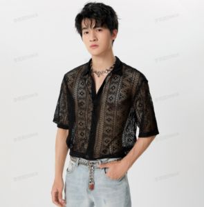 Medussa INCERUN Men Casual Baggy Party Short Sleeve See Through Lace Shirt Button Down Tops (Western Style)