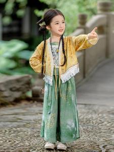 New Chinese Style Girls Hanfu Set Autumn Wear Three-Piece Retro Ethnic Trend for Little Girls Traditional Childrens Outfit