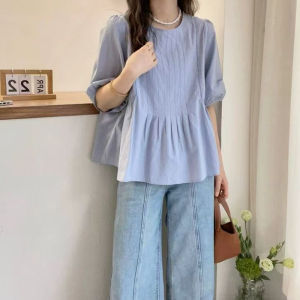 AIYITI | Summer Blue Short Sleeve Shirt Womens Unique Pleated Belly Covering Doll Top Plus Size Loose Fit Commute Style Korean Version