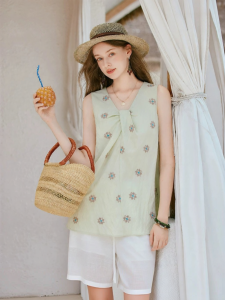 XIANGYING | Floral V-Neck Twist Design Summer Sleeveless Top