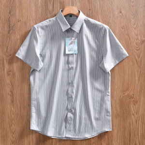 Fashionable Urban Summer Mens Casual Shirt Silk Modal Blend Short Sleeve Striped Color Woven Standard Fit Breathable Shirt