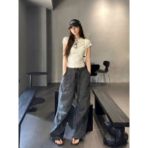 Summer American Retro Bella Style Loose Slim Straight Leg Trousers Paper Bag Workwear Pants Thin Model Parachute Streetwear