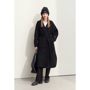 AMII | Commuter Woolen Yoke Detail Notch Collar Belted Double-Faced Wool Womens Coat