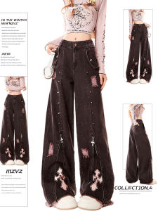 American Style Retro Black High Street Workwear Jeans Womens Autumn Winter Slim High Waist Straight Leg Wide Leg Pants