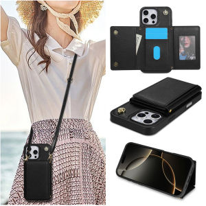 Cards Slot Case For iPhone 15 pro max With Diagonal Strap Lanyard Coin Purse Case Mobile Phone Shell With Card Holder Casing Cases With Rope For iPhone 16 pro max 14 Pro Max 13 12 11 ProMax X XR XS 14 15 16 Plus 15pm Leather Cover With Wallet Bag