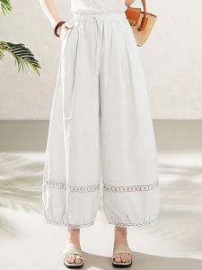 YINGTANG | Lace White Lightweight Loose Flare Trousers 9 Length