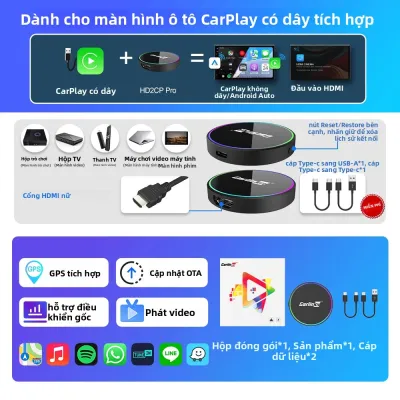 Hộp Giải Mã CarPlay Không Dây CarlinKit MINI HD2CP Pro Hỗ Trợ Android Auto Với Đầu Vào HDMI 2K HD Dành Cho iPhone Android Ô Tô Xem Youtube Netflix Nghe Nhạc