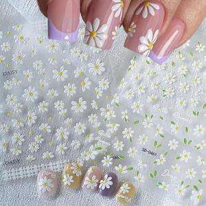1Pc 5D Elegant White Daisy Nail Art Stickers Spring Summer Flower Self-Adhesive Nail Decal Kawaii Daisies Nail Decoration Slider