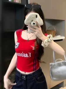 GUZILIAN | เสื้อกั๊กสั้นแขนกุดพิมพ์ลายสีแดงสไตล์อเมริกันสำหรับผู้หญิงในช่วงฤดูร้อน เสื้อกีฬาสั้นทรงสลิมฟิตแบบสวมหัว