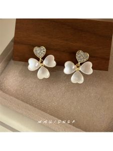A.MU Spring Cats Eye Stone Flower Shape Zircon Earrings Design Fresh No Piercing Clip-On Womens Fashion Jewelry Ear Studs