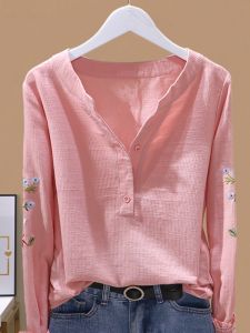 เสื้อเชิ้ตคอวีแขนยาวผ้าฝ้ายปักลายสไตล์เกาหลีสำหรับผู้หญิง ฤดูใบไม้ผลิและฤดูใบไม้ร่วง แฟชั่นฤดูใบไม้ร่วงและฤดูหนาว