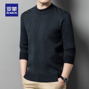 ROMON | Lormen Mens Knitted Sweater Casual Slim Fit Thickened Warm Round Neck Pullover Long Sleeve Winter Fashion City Style Base Shirt