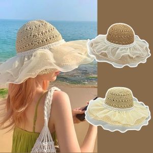 Summer Hats For Women Straw Woven Beach Hat Lace Brim Fisherman Cap Sunshade Sunscreen Sun Hat Female Seaside