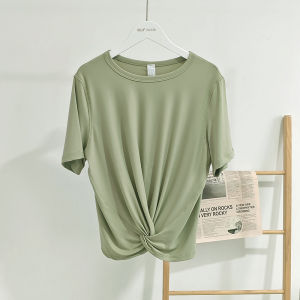 Summer New Womens round Neck T-Shirt Knot Sports Yoga Fitness Short Sleeve Top on Desk 480 2025 Casual Loose Fit Nylon Spandex