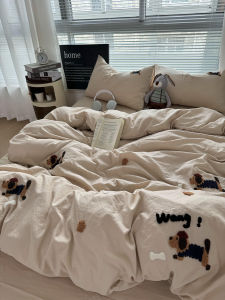 Cute Cartoon Dog Towel Embroidered Washed Cotton Bedding Set Soft Ins Style Four-Piece Three-Piece Dormitory Bedding Set